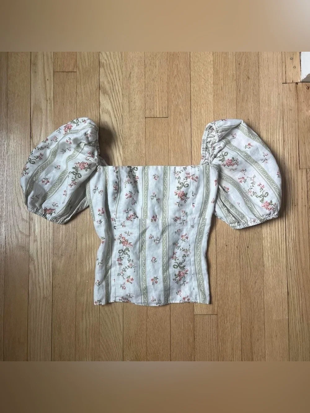 Reformation White Puff-Sleeve Square Neck Floral Top
